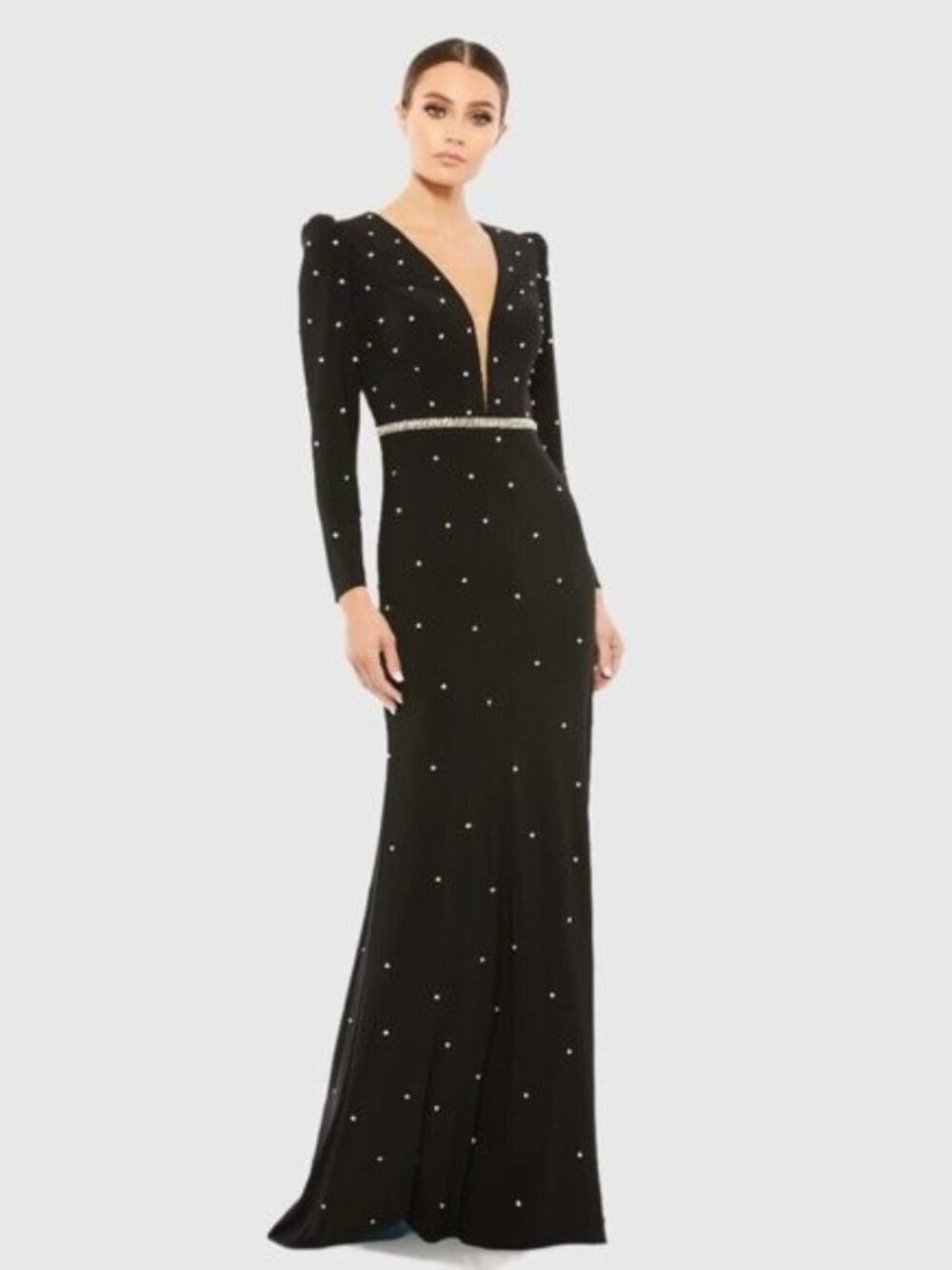 MAC DUGGAL Size 6 Black BELTED JEWEL ENCRUSTED PLUNGE NECK LONG SLEEVE GOWN Prom